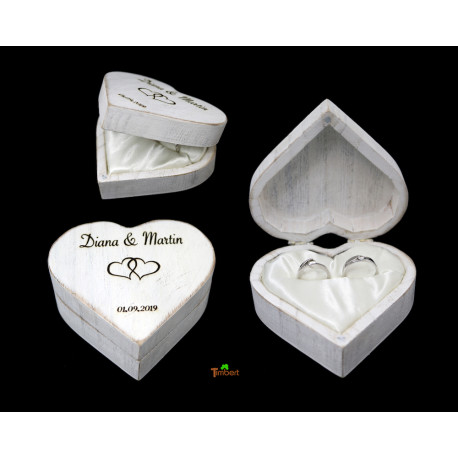 Vintage RINGBOX aus HOLZ Herz Ringkissen in Shabby Weiß + GRAVUR Rustikale BoHo Hochzeit Ringschatulle Personalisiert