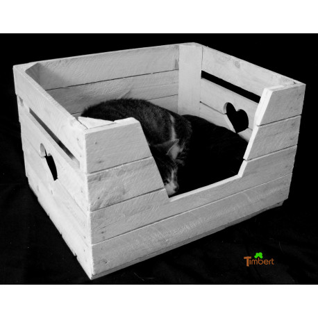 Vintage KATZENKORB + LIEGEKISSEN aus Holz für Katze / Hund Katzenkörbchen Tierbett OBSTKISTE Shabby weiß