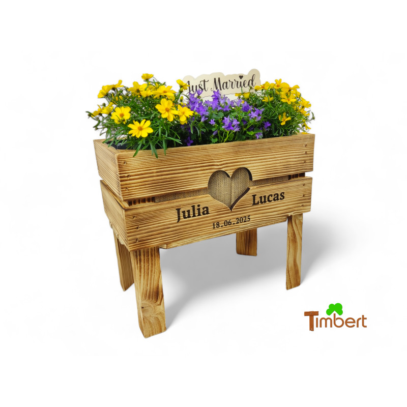 HOCHBEET mit Namen & Datum Mini-Garten Blumenbeet Holzkiste auf Stelzen Pflanzkasten HOCHZEITSGESCHENK Balkon Jahrestag BoHo