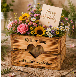 GEBURTSTAGSGESCHENK "60 Jahre jung" • HOLZ BLUMENKISTE • Pflanzkiste Mama / Oma • Geschenkidee zum 40. 50. 60. 70. 80.